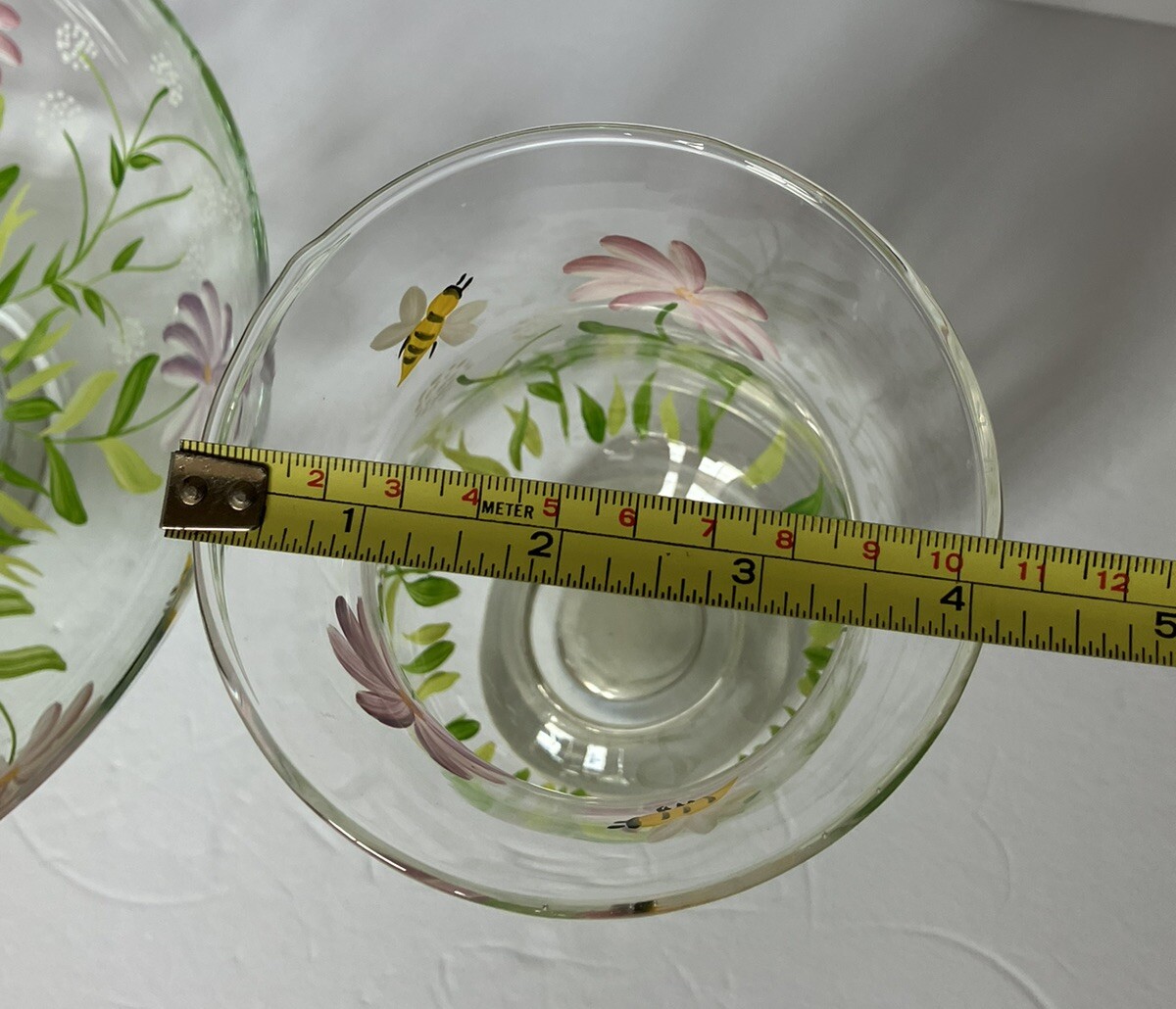 Hand Blown And Painted 9 Inch Glass Bowl And 6.5” Vase Floral And Bees