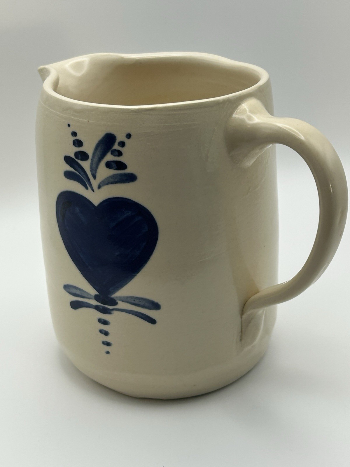 East Texas Pottery Small 4 1/2” Pitcher w Handpainted Blue Heart, Marshall, TX