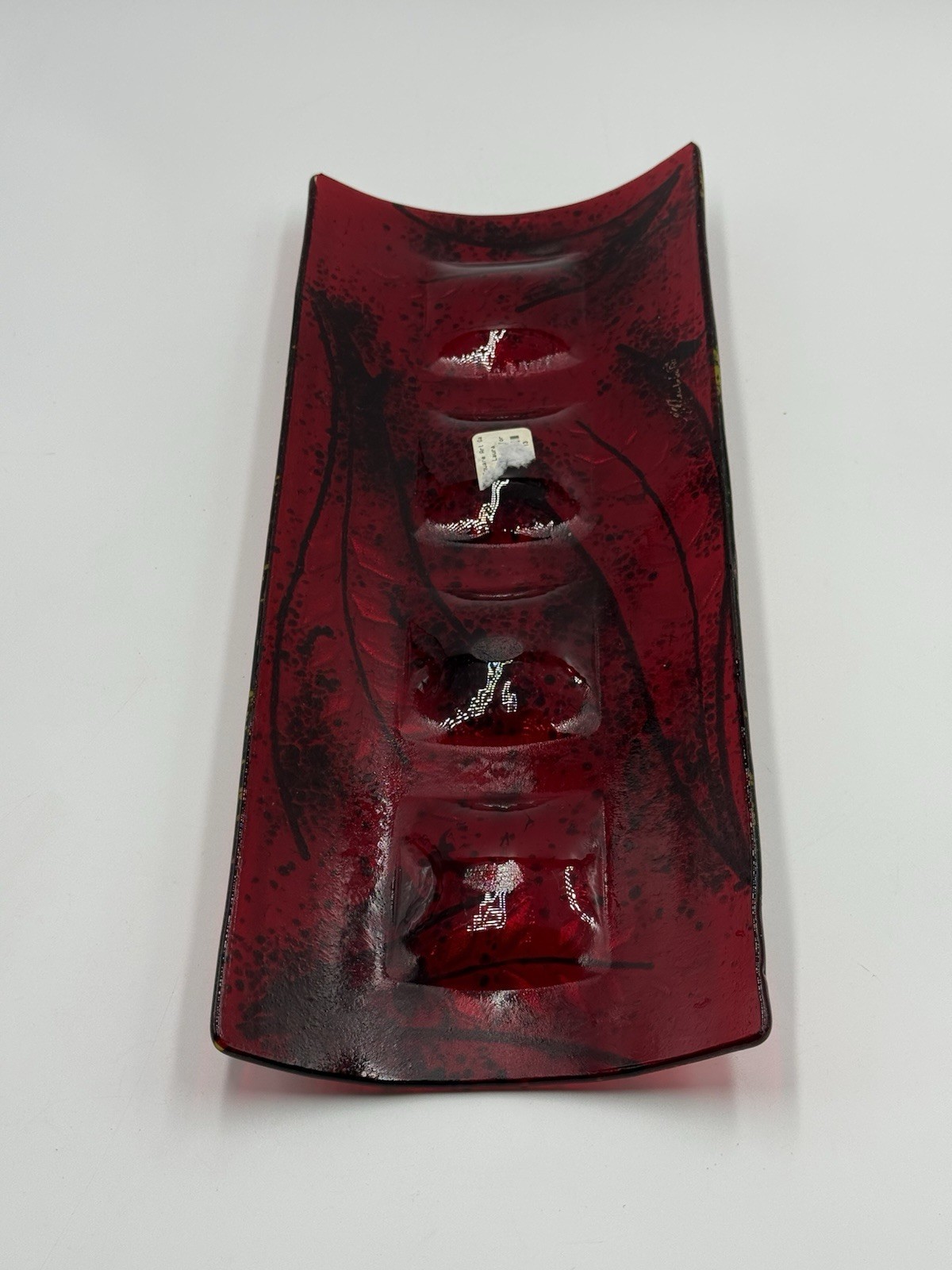 Fused Art Glass Red Green With Iridescent Leaves Rectangle Curved Decor Signed
