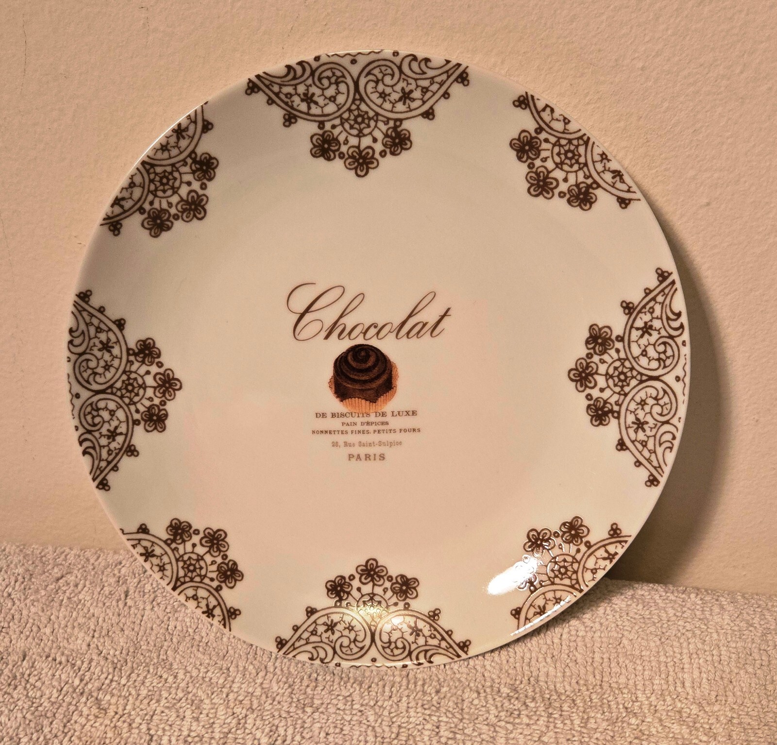 PPD White/Brown Desert Plate 8 in “CHOCOLAT” De Biscuits De Luxe” Paula Scaletta