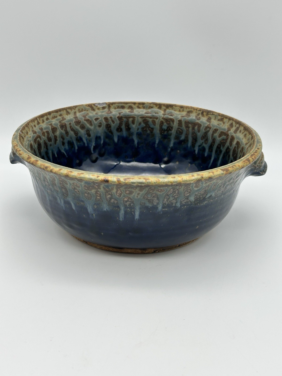 Art Pottery Stoneware Bowl Drip Glaze Blue Grey Tan, Vintage, 8.25” x 2.5”