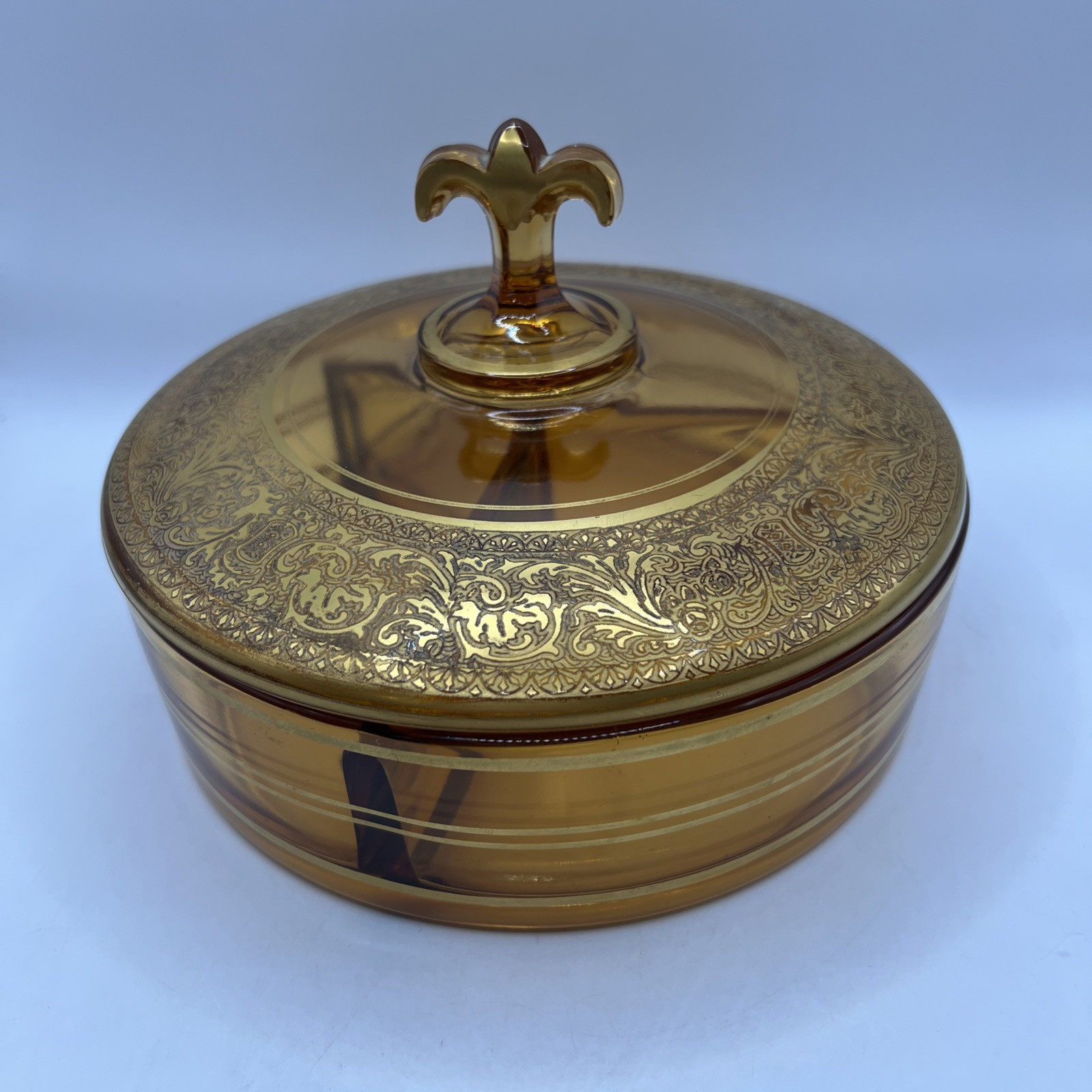 FOSTORIA Amber Gold Color Gilted 3 Part Covered Candy Dish Nuts Lid Antique