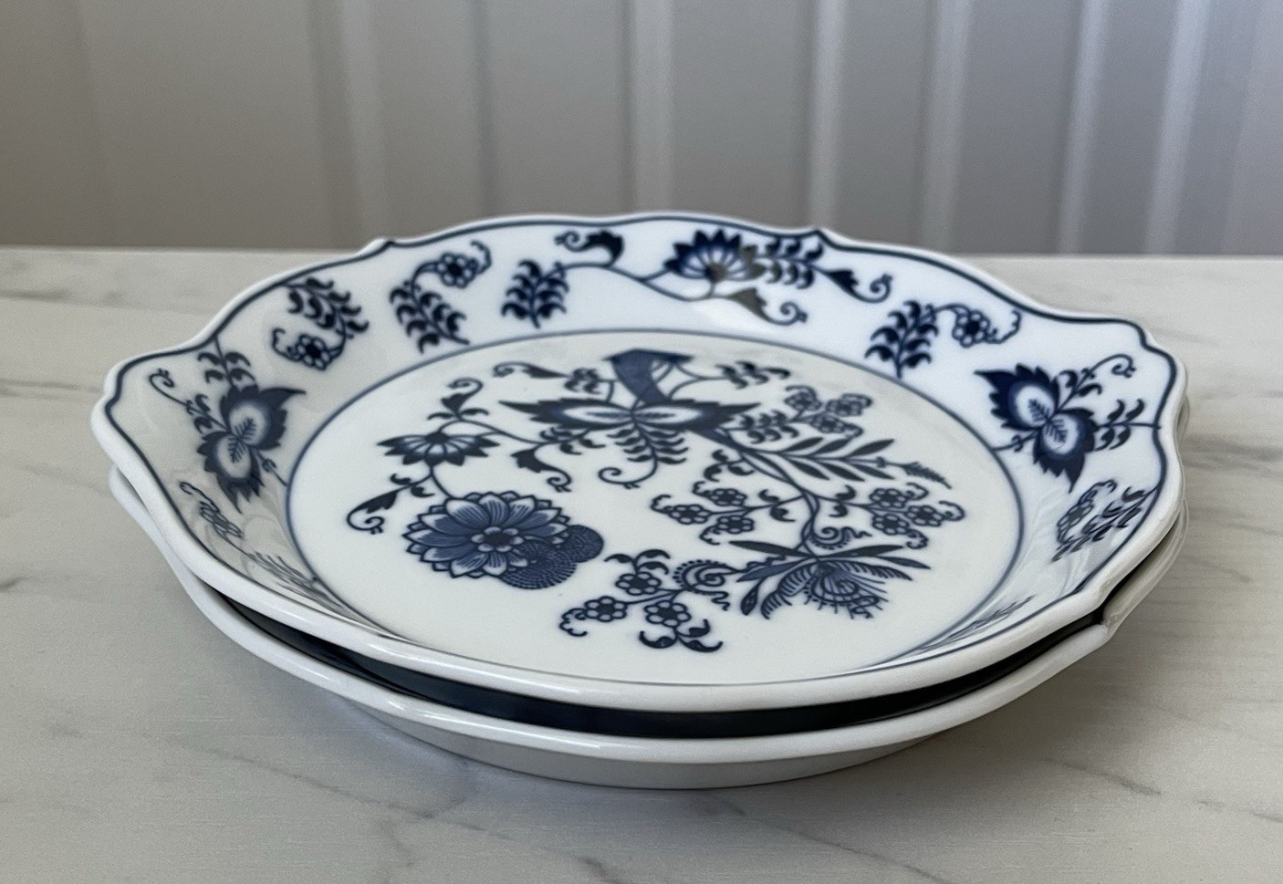 2 Blue Danube Individual Au Gratin Dish 7 1/2″ Across Handles Banner Ribbon Mark