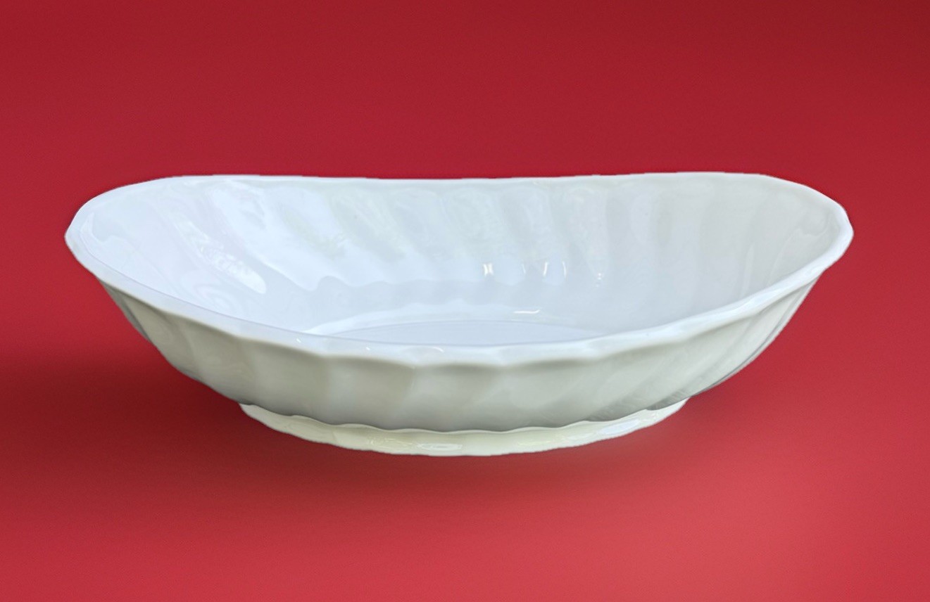English Elegance Fine Bone China White Oval Bowl Ribbed Embossed Scalloped