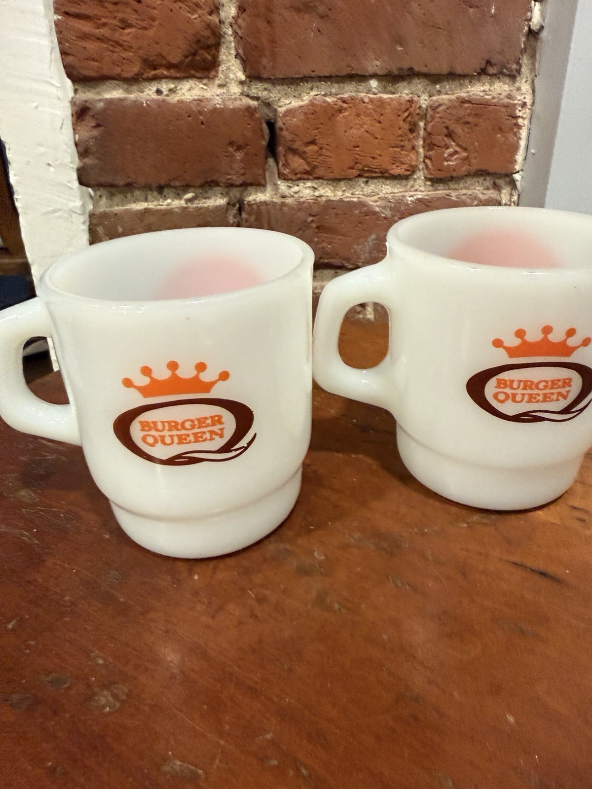 Lot of 2 Vtg Fire King Burger Queen Good Morning Milk Glass Stacking Mugs HTF