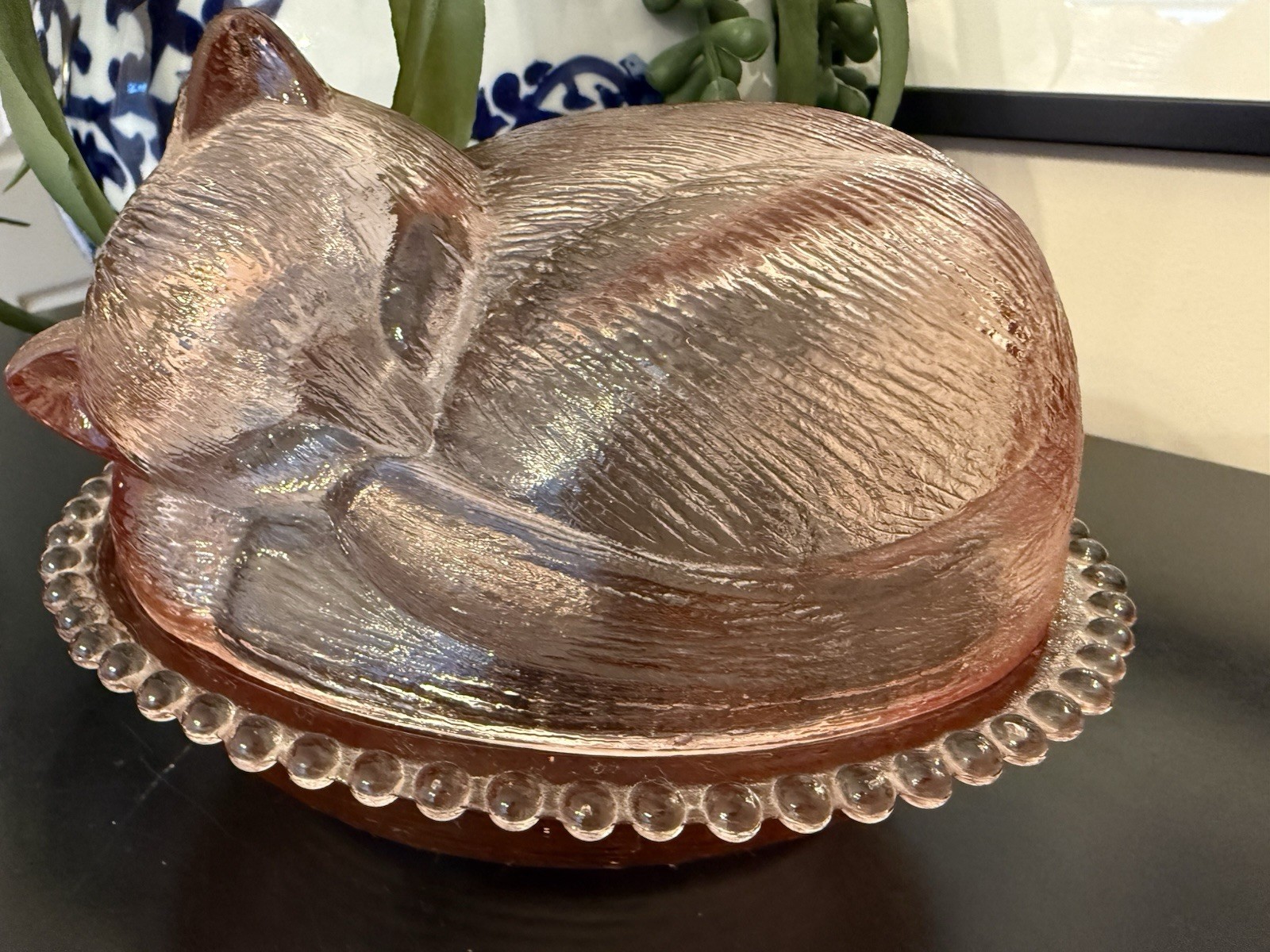 Vintage Indiana Glass Pink Sleeping Cat On A Nest Covered Dish Kitten