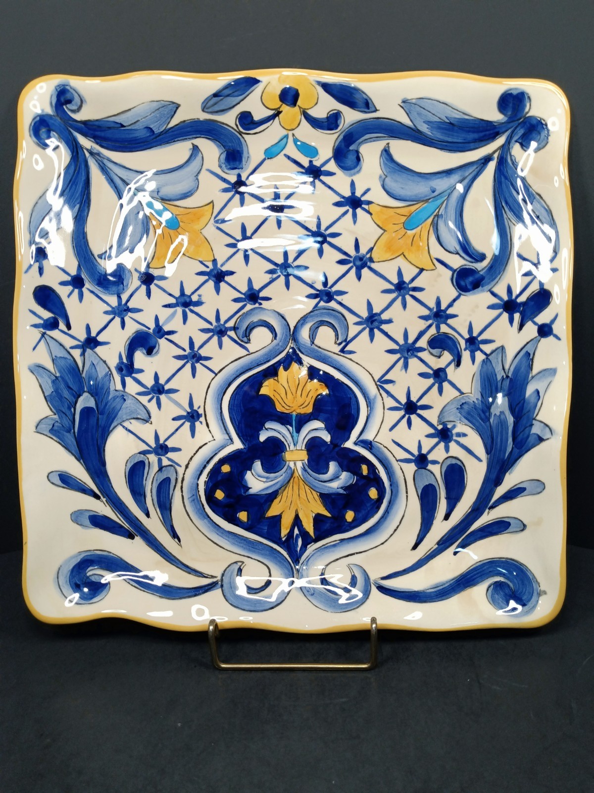 Maxcera TERRA NOVA Hand Painted Cobalt Blue Yellow Square Dinner Plate 11.50″W