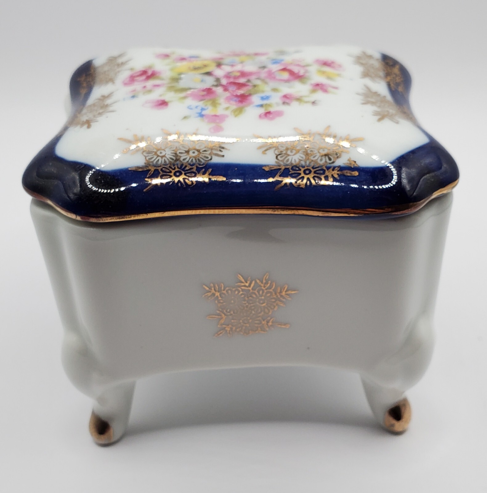 Echt Kobalt Trinket Box Porcelain Floral Design Blue Pink Gold