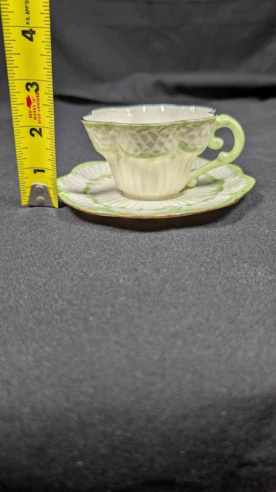 Vintage Set of Belleek Gilded Green Erne teacup and saucer 1965-1980 Ireland