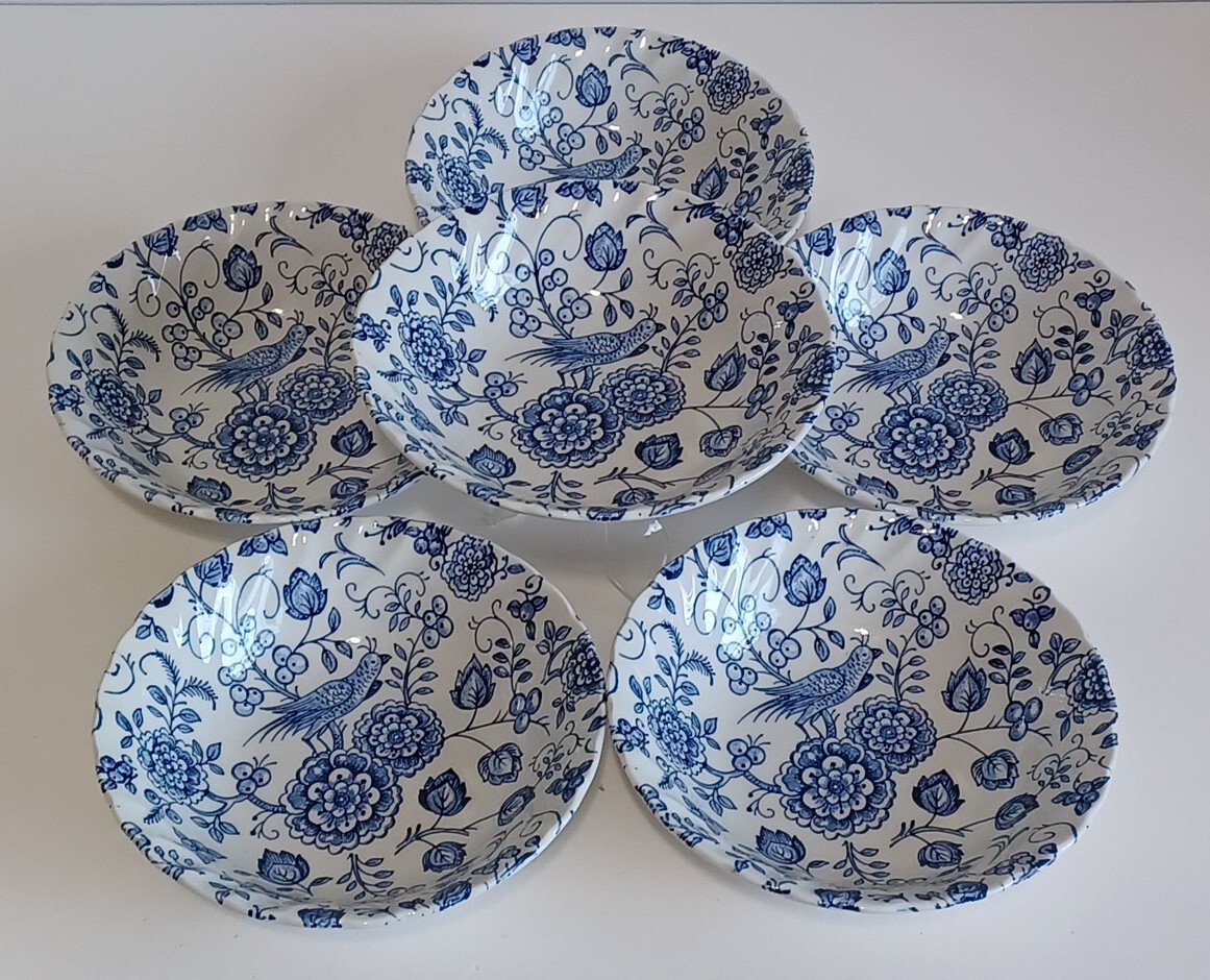 6 Nankin Blue Bird 6.5″ Desert Bowl Set Royal Wessex Made In England