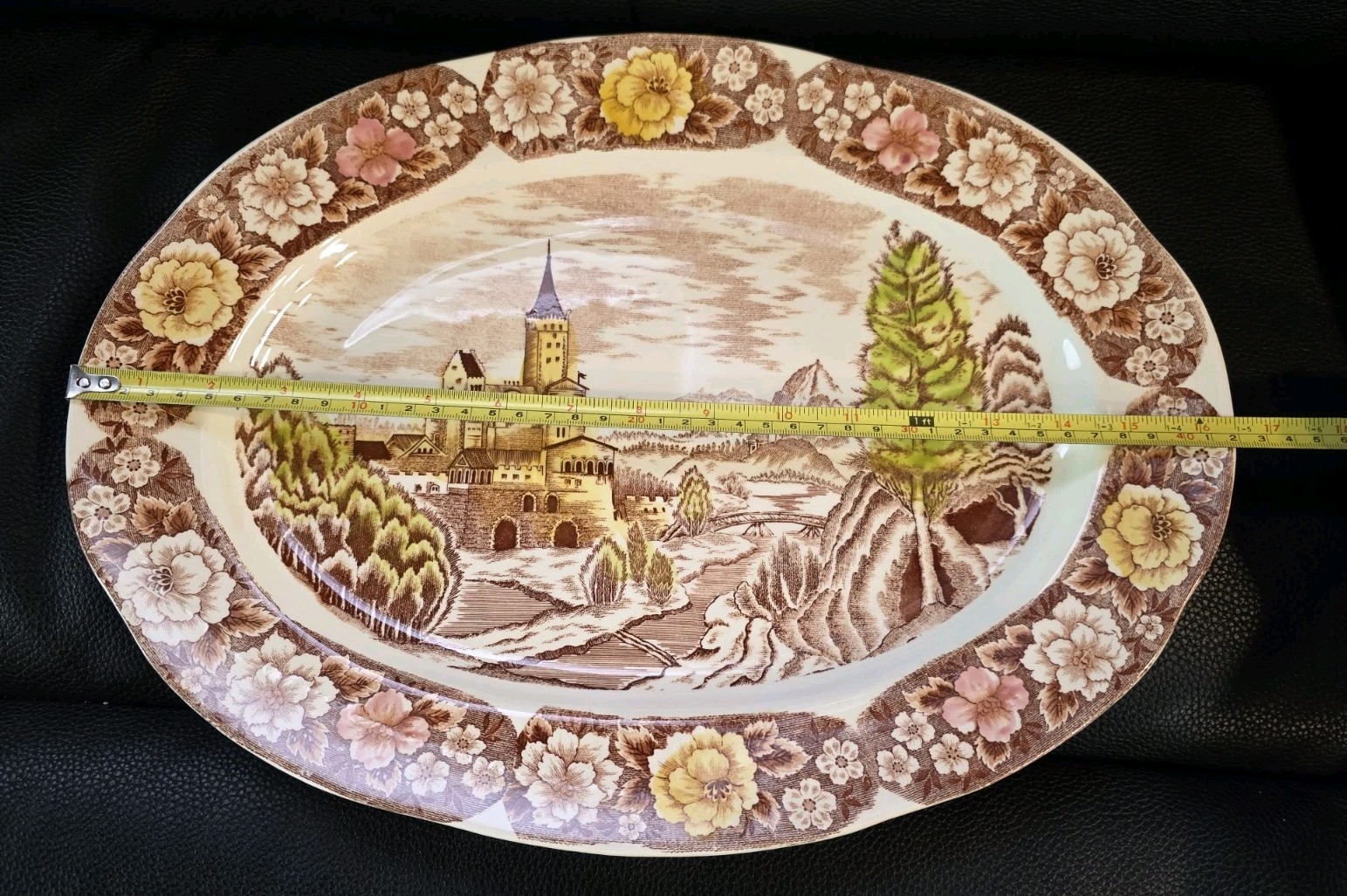 European British Castle Ceramic Platter Oval Floral Border Hillside Landscape