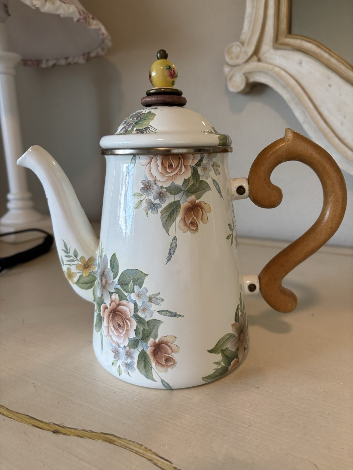 MacKenzie Childs VTG Camp Beige Floral Teapot Enamel Wood Handle