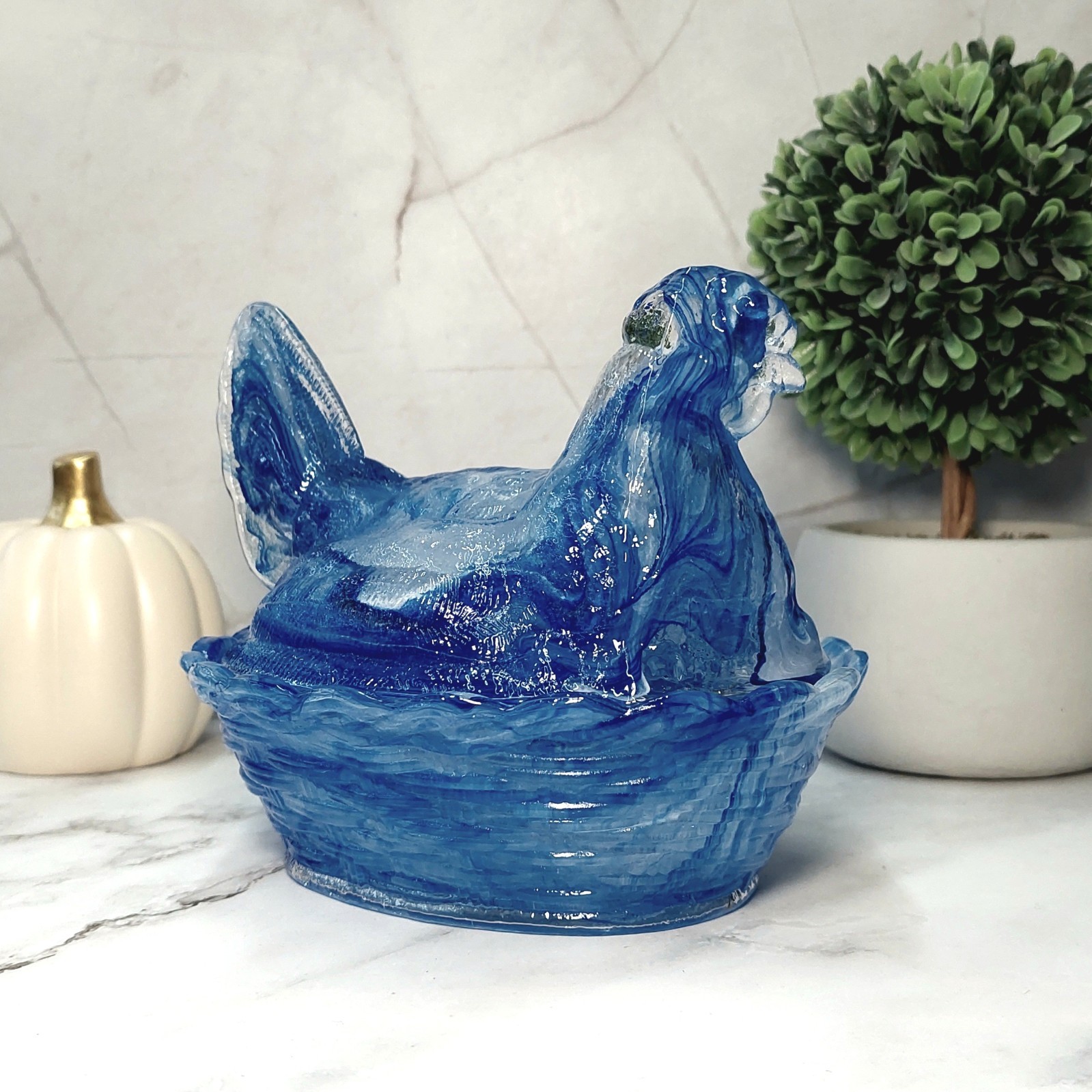 Hen on Nest Chicken Blue Cream Swirl Glass Depression Style Candy Dish, Vintage