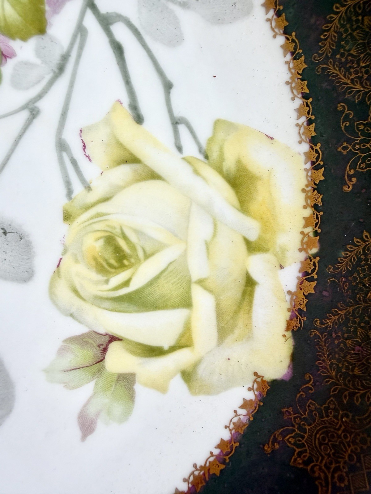 Vintage MC CO Painted Plate Roses w/Dark Green & Gold Border, Signed Raymond