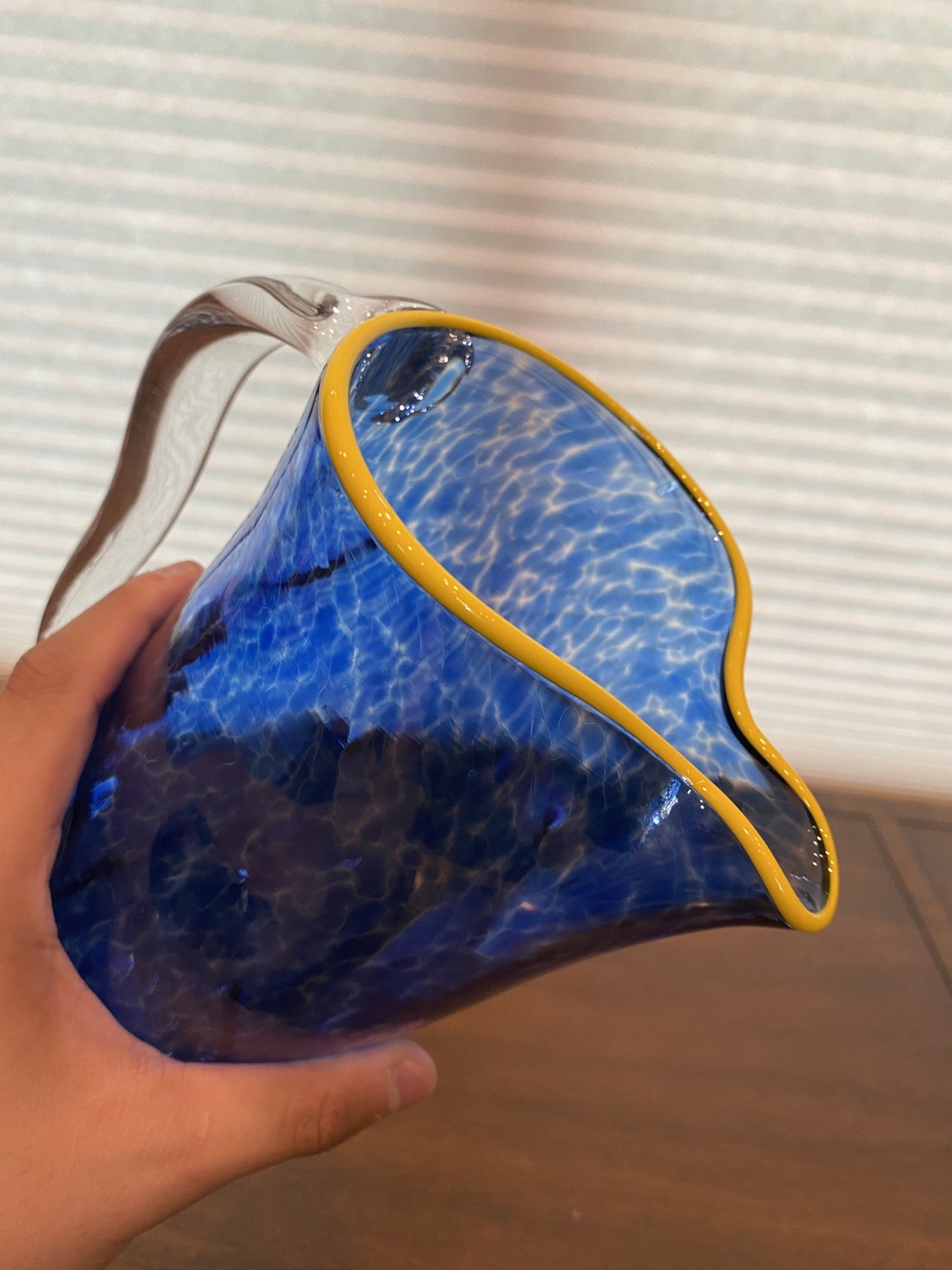 GEORGEOUS LARGE 2019 Cobalt Blue & Yellow Art Glass Pitcher 11.5″H Signed