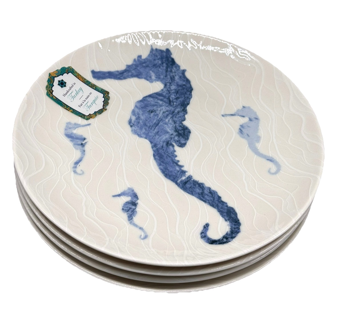 x4 Intesa Blue Seahorse Salad Side Plate Set Ocean Beach Reef Coastal Turkey 8″
