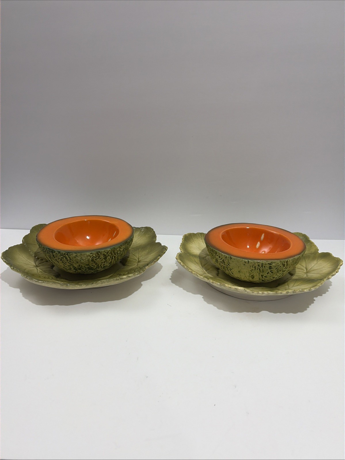 Italian Pottery Ed Langbein Original Set Of 2 Cantaloupe Melon Bowls MCM VTG