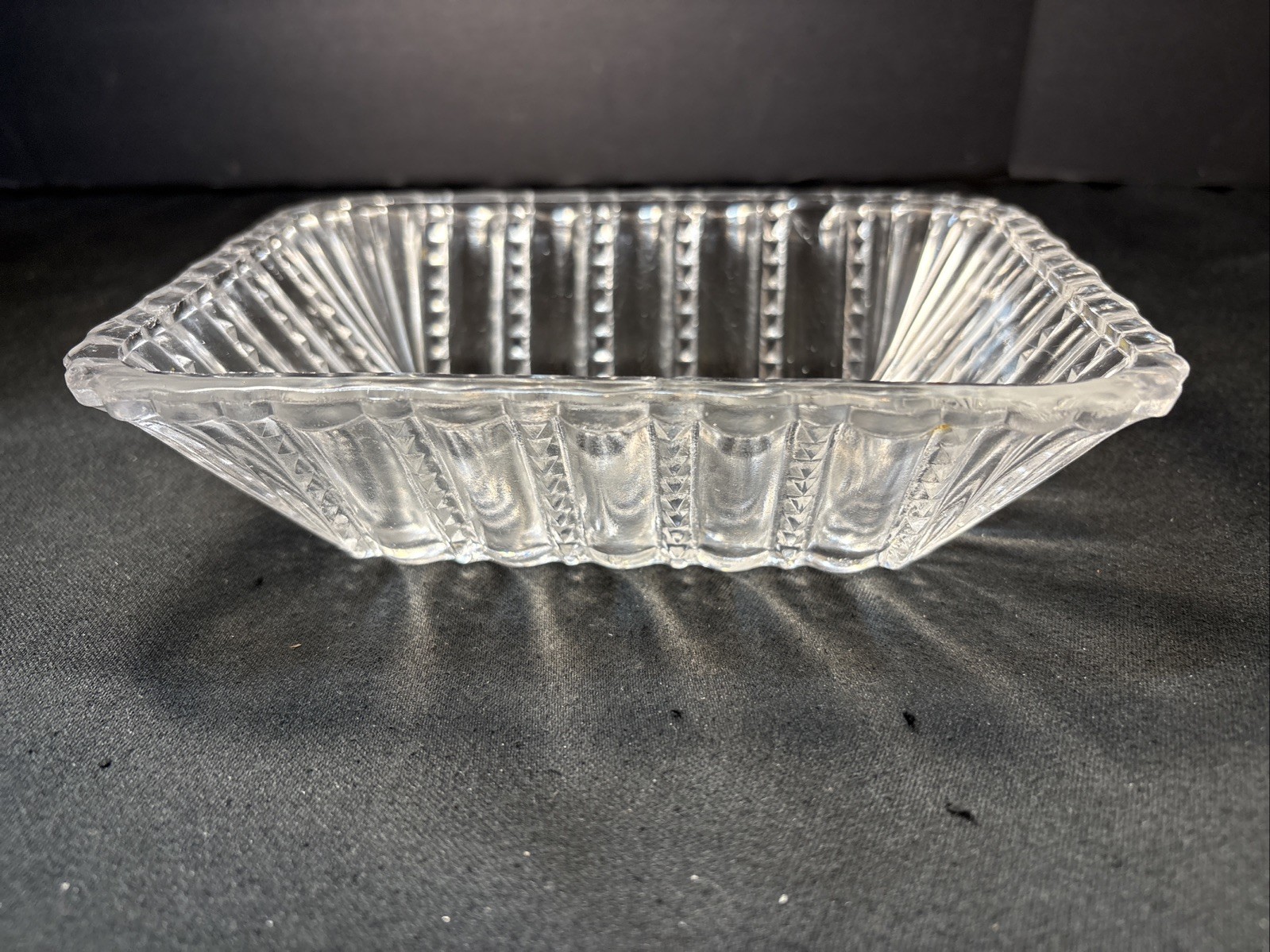 Antique Early 1900’S Pressed Glass Candy Dish Sunburst Clear 7”X5”Rectangular