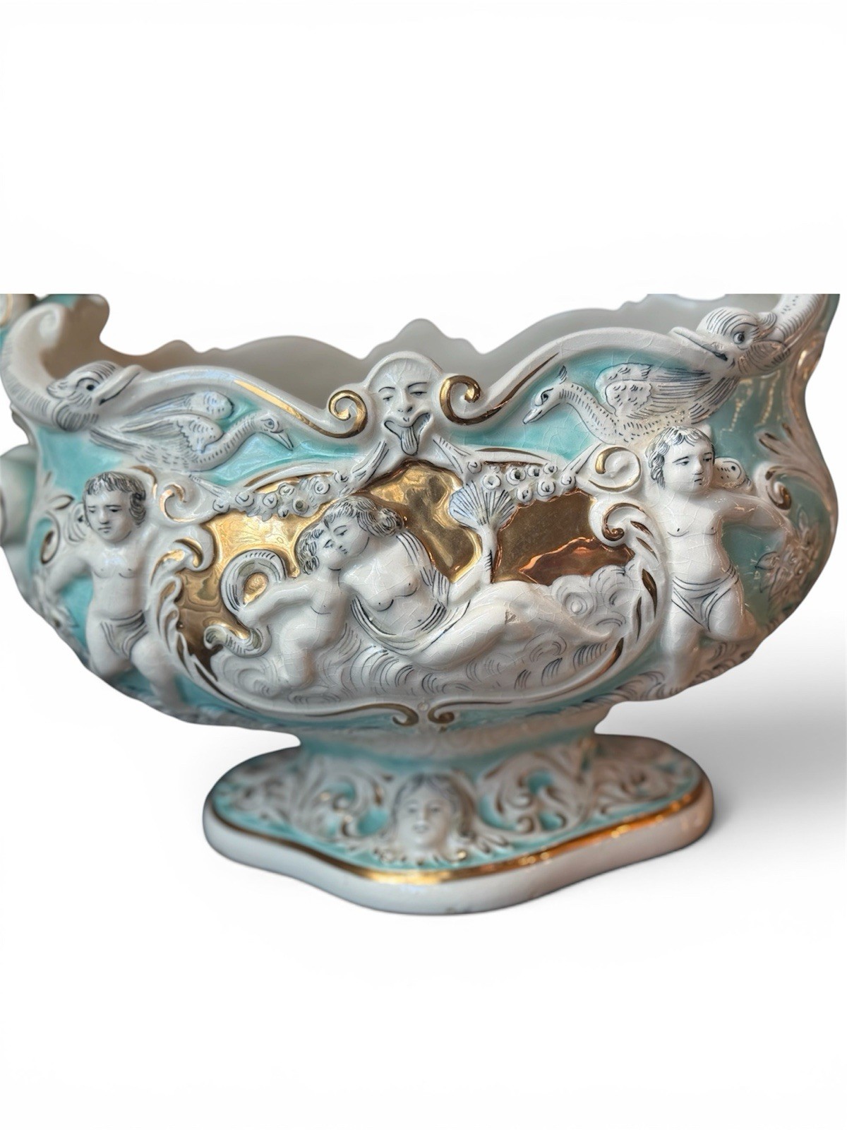 Very Rare Ardalt Capodimonte Mermaid Cherub Italian Porcelain Centerpiece Bowl