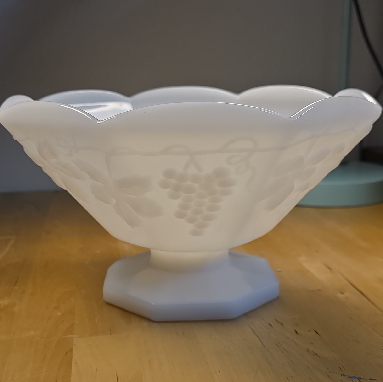 Anchor Hocking White Milk Glass Octagonal Pedestal Compote Bowl Grape Pattern