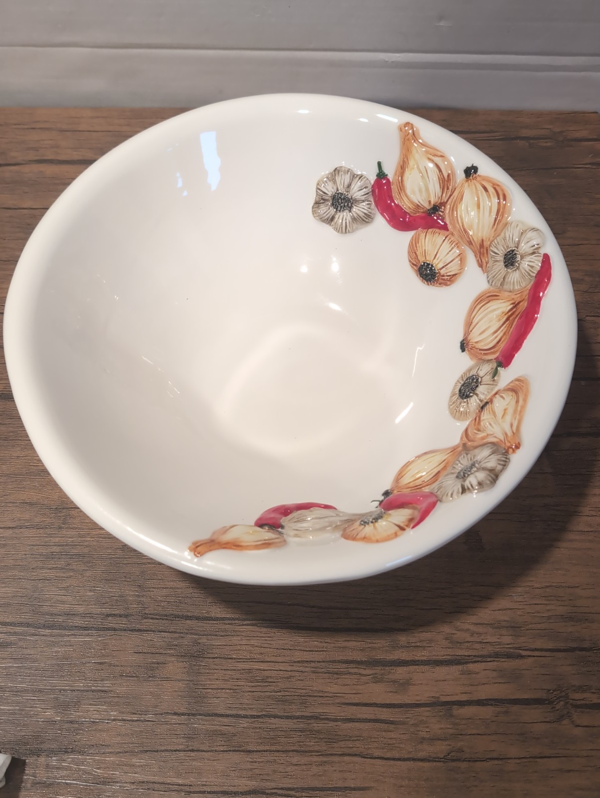 Vintage Italian Made Raised Peppers And Garlic, Onion, Ceramic Bowl 13 Inches