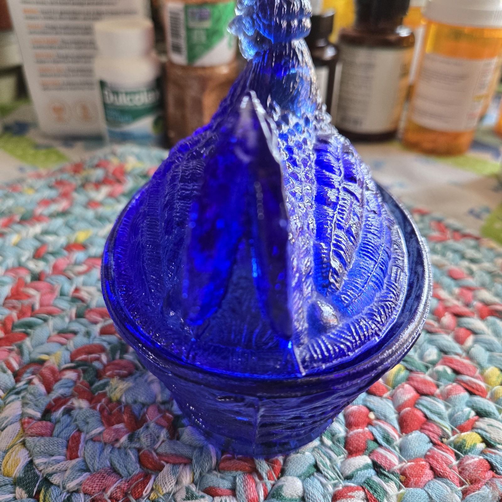 Hen on Nest Chicken Cobalt Blue Glass Style Dish 6 In Cottage Core Grandma Core