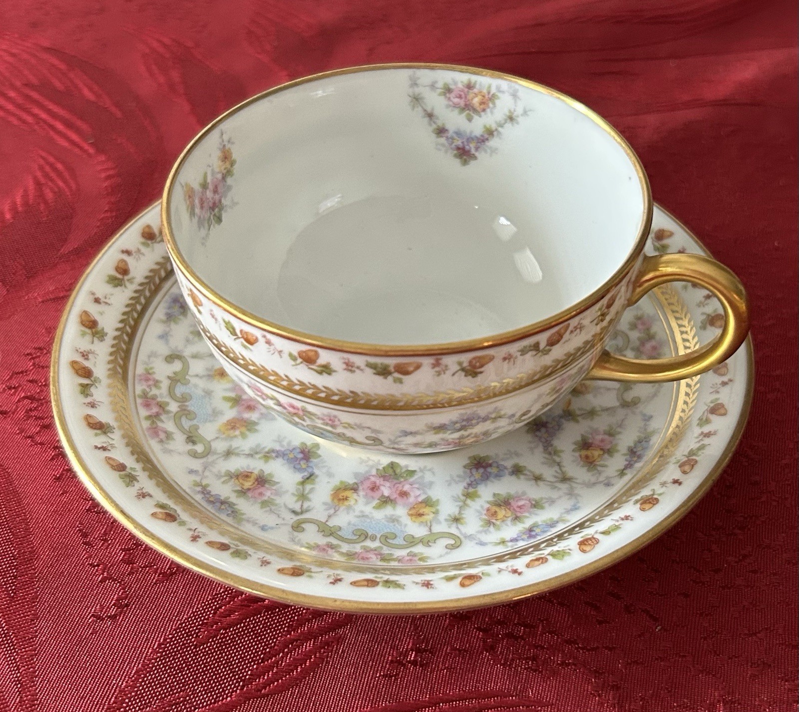Antique 1900 Jean Pouyat JPL Limoges POY63 Flowers Acorns Porcelain Cup & Saucer