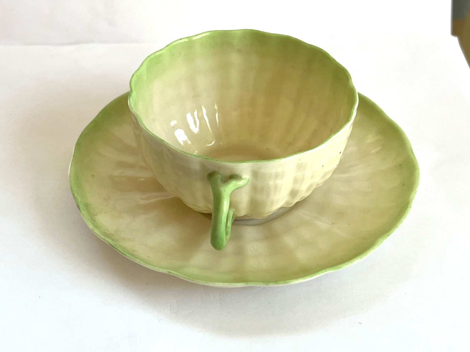 IRISH BELLEEK Green Tint TRIDACNA Cup & Saucer – 3rd Black Mark (1926-1946)