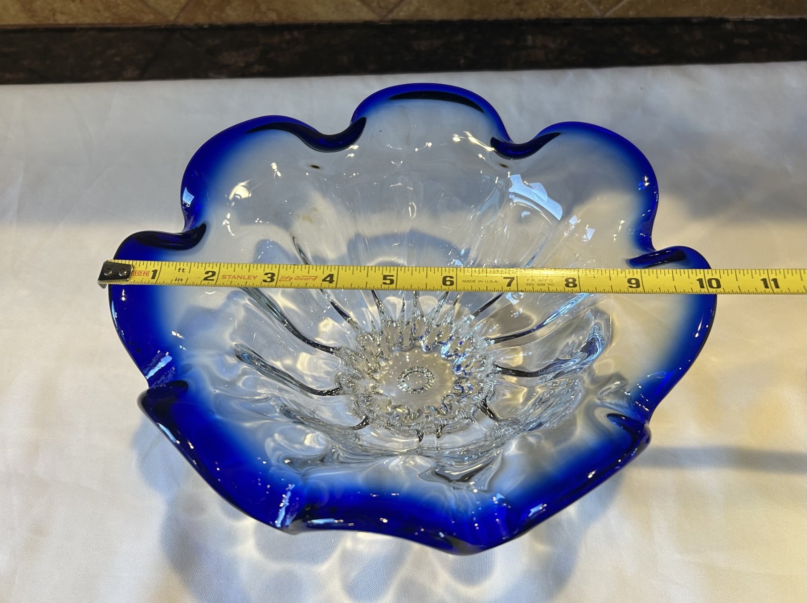 Shannon Crystal Designs of Ireland Clear/Cobalt Blue Crystal Ruffled Rim Bowl