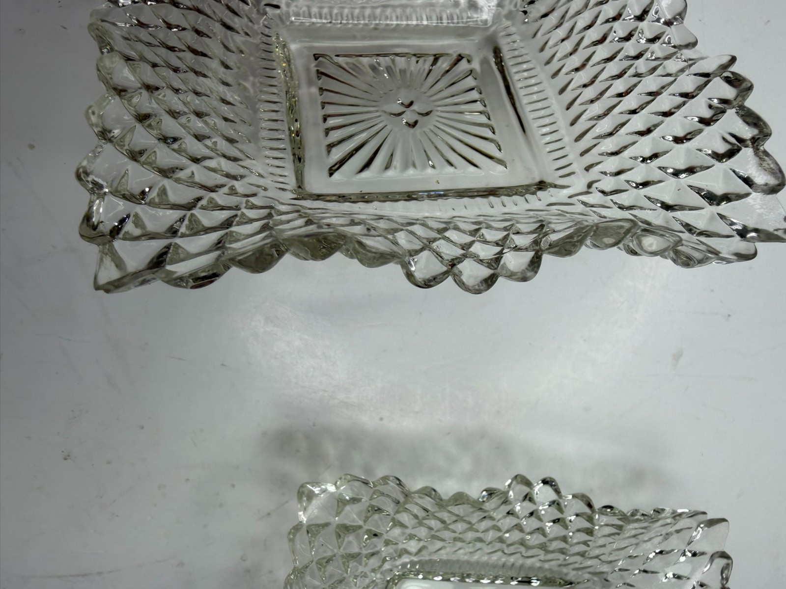 Set of 3, Vtg Indiana Glass 4″ Square Candy Dish Bowls Diamond Cut Ruffled Edge