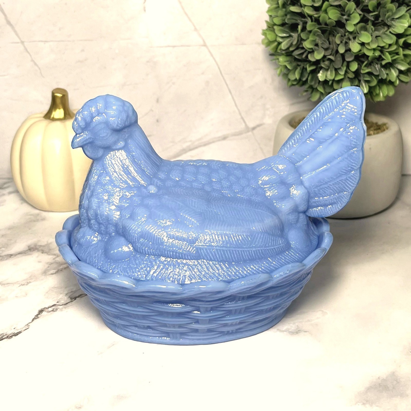 Hen on Nest Chicken Periwinkle Blue Depression Style Glass Candy Dish, VTG Style