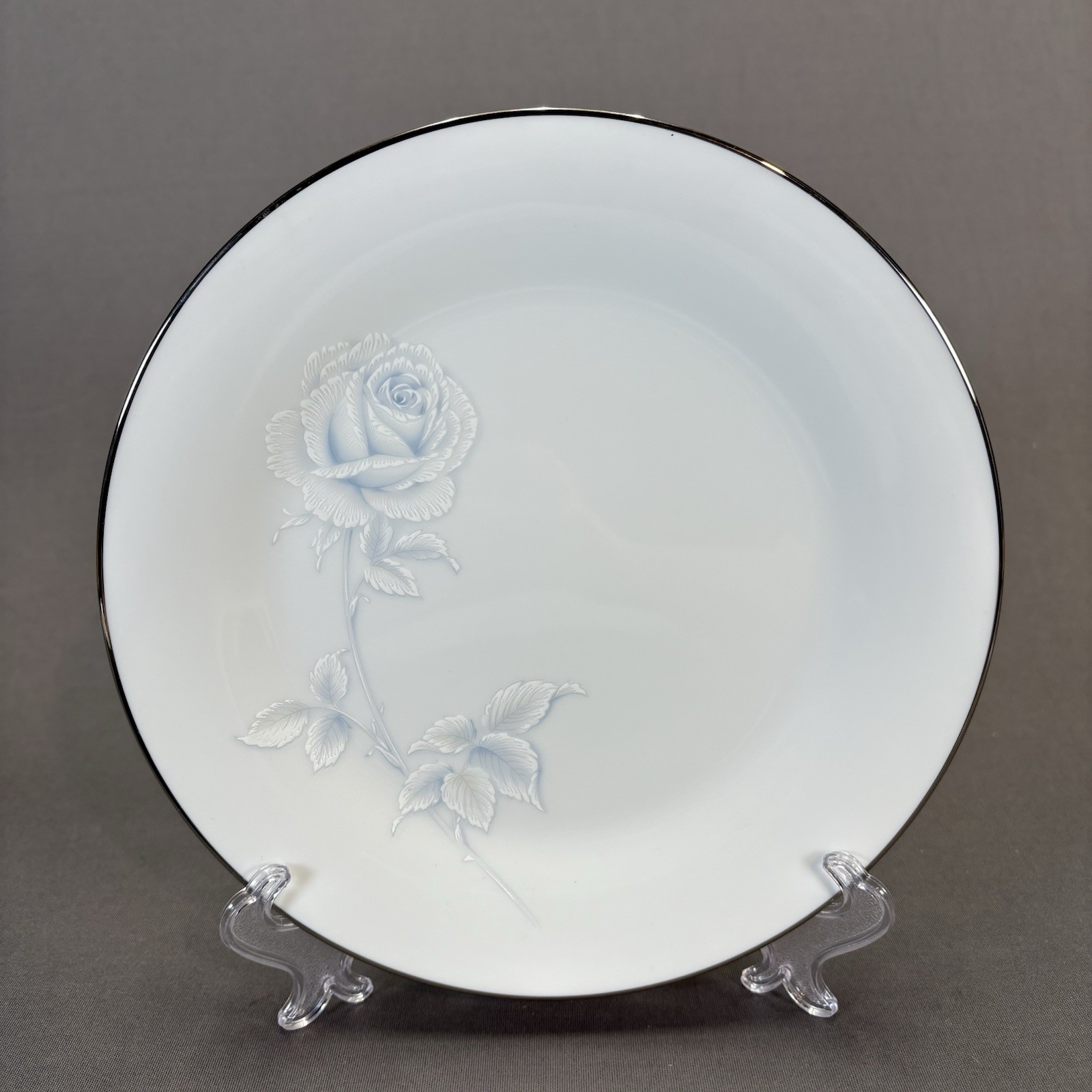 Noritake Virtue Salad Plates 8 1/4″ Set of 4 White Blue Roses Platinum Trim