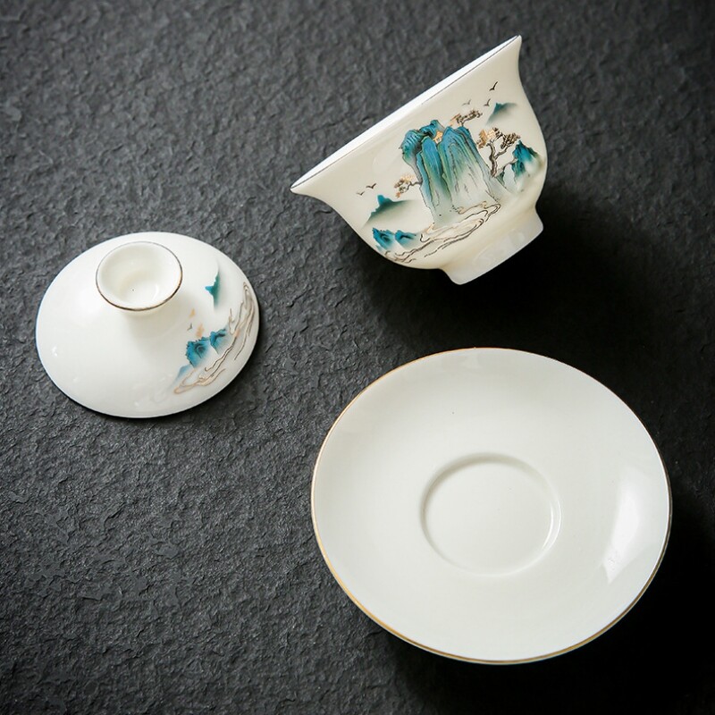 Chinese Tea Set Fat Mutton Jade Porcelain Gaiwan Pitcher Tea Cup Mountain Print
