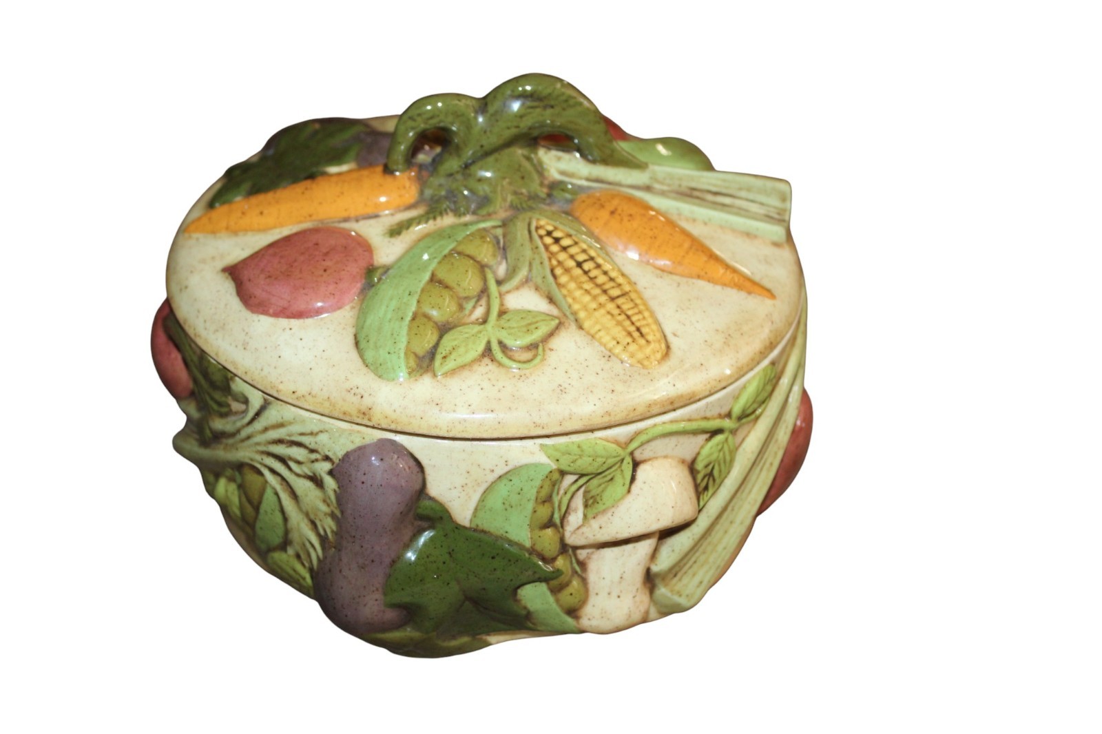 Vintage Hand Painted Ceramic Vegetable 7.5″ Covered Dish Mushroom Corn Carrot