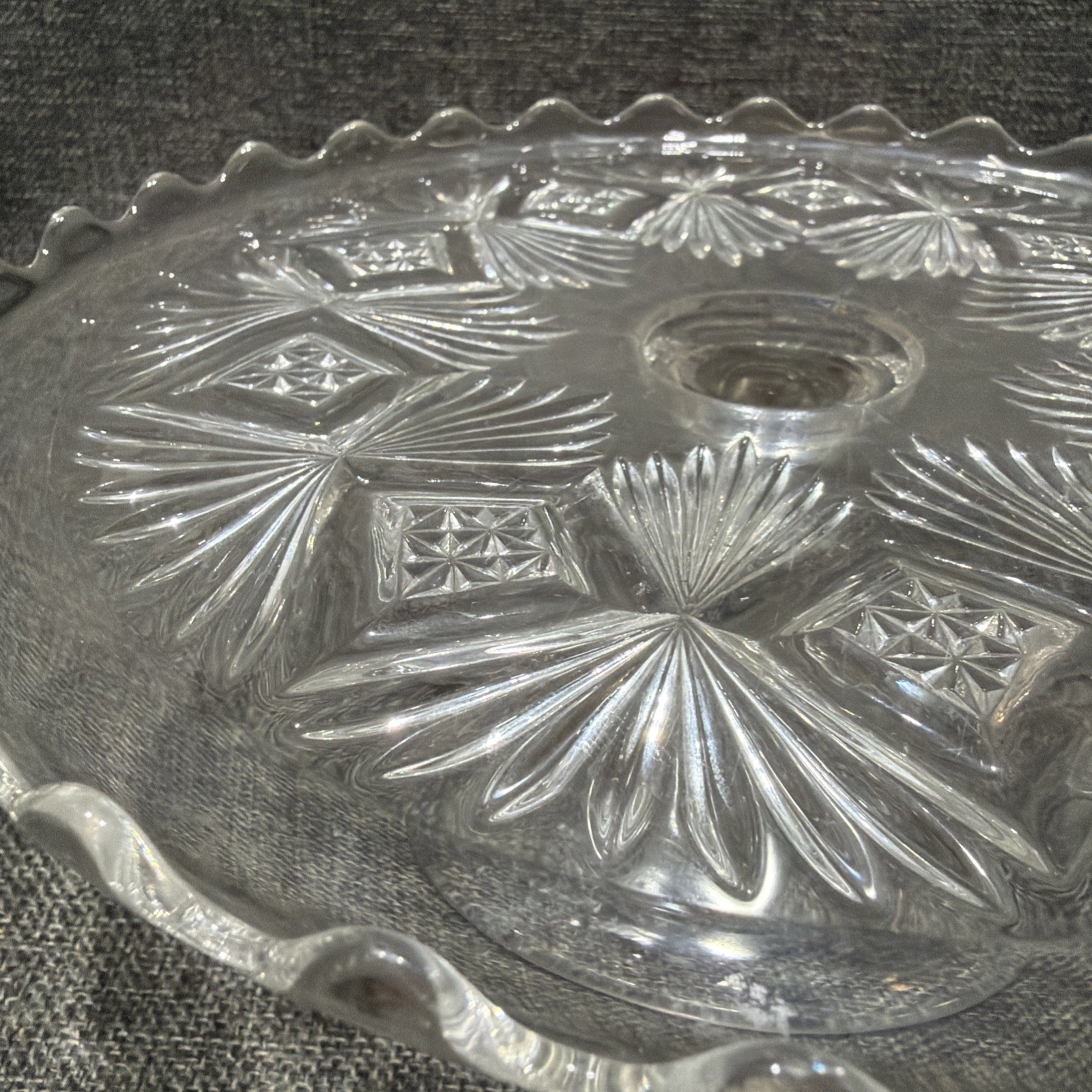 EAPG Bryce Higbee Melrose Cake Stand Sheaf and Diamond Clear Glass 1894 UV Glow