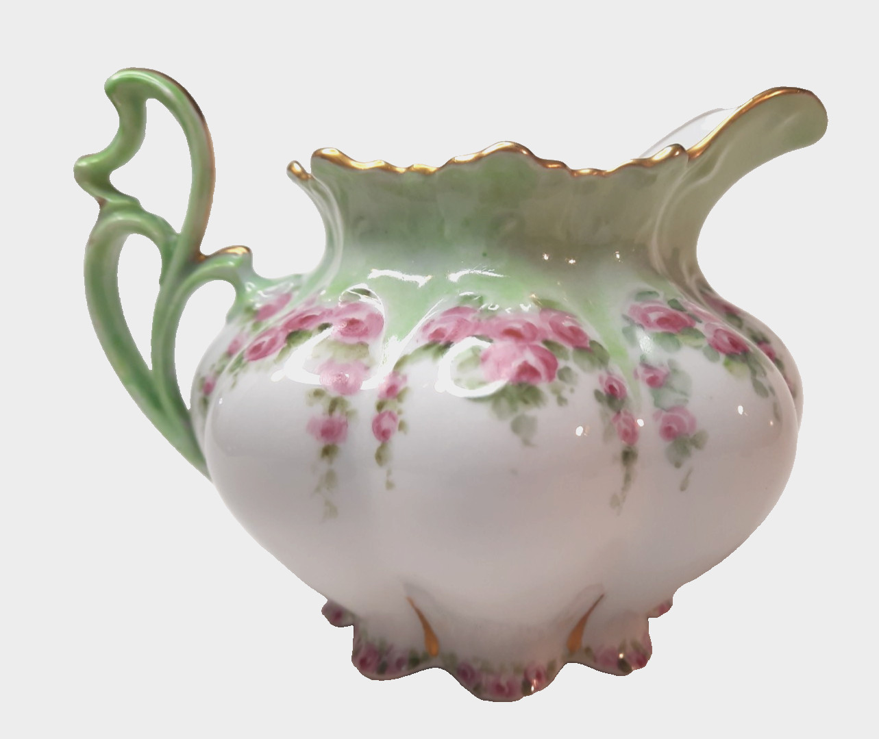 Antique-MZ Austria-Porcelain Creamer Pitcher-933-Pink Rose Garland-Art Nouveau