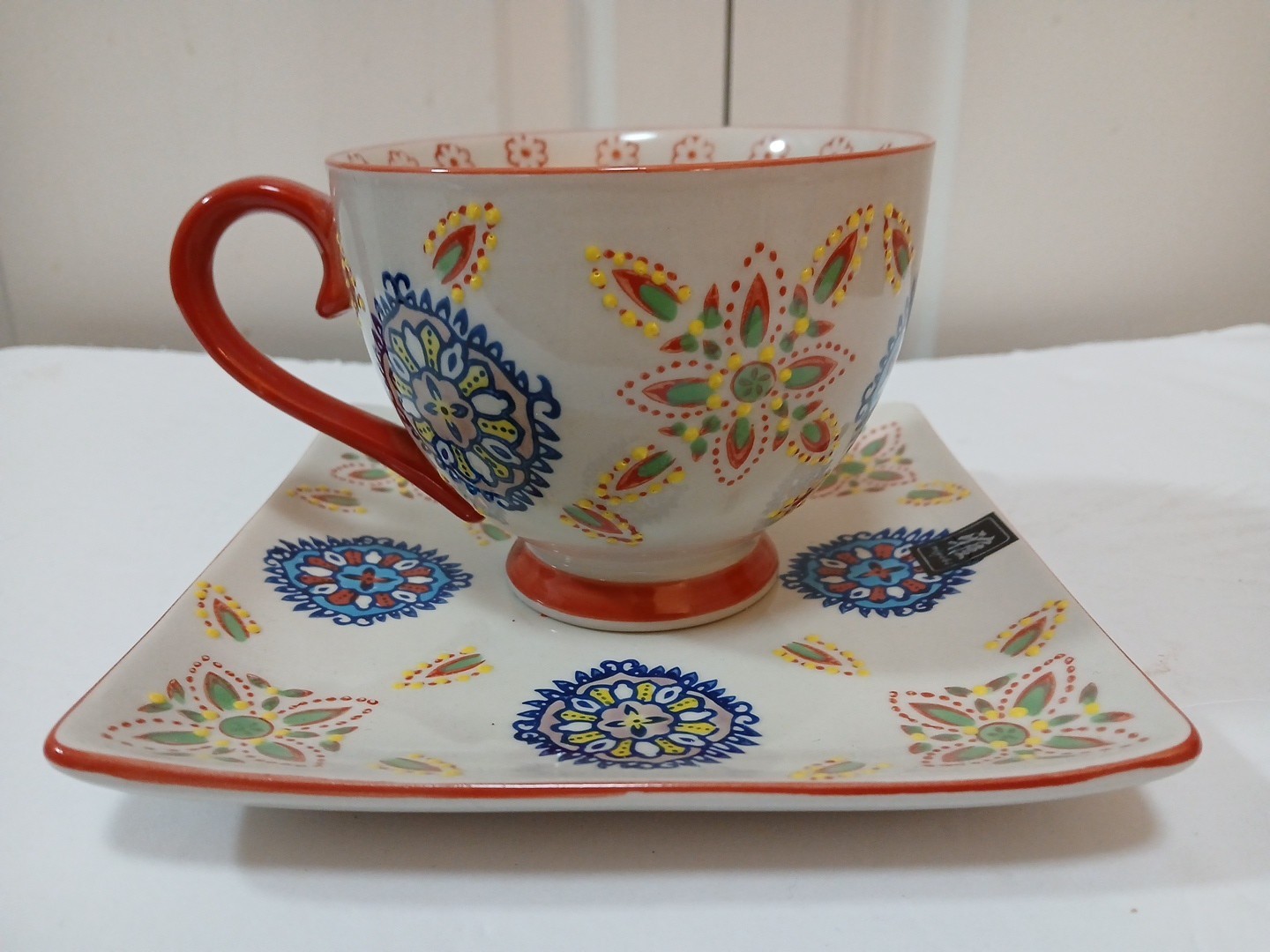 New Yokohama Studio Mug & Plate/Saucer Blue Yellow Rust Raised Design Hand Paint