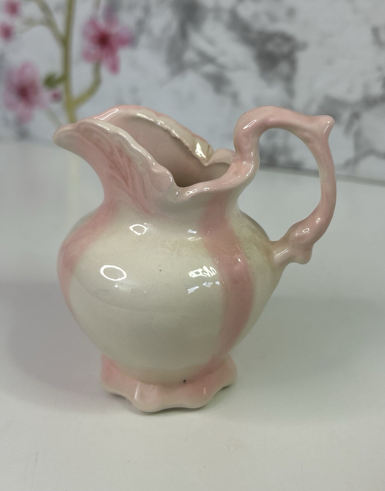 Tiny White & Pink Flower Floral Miniature Pottery Pitcher– 3 inches Dollhouse