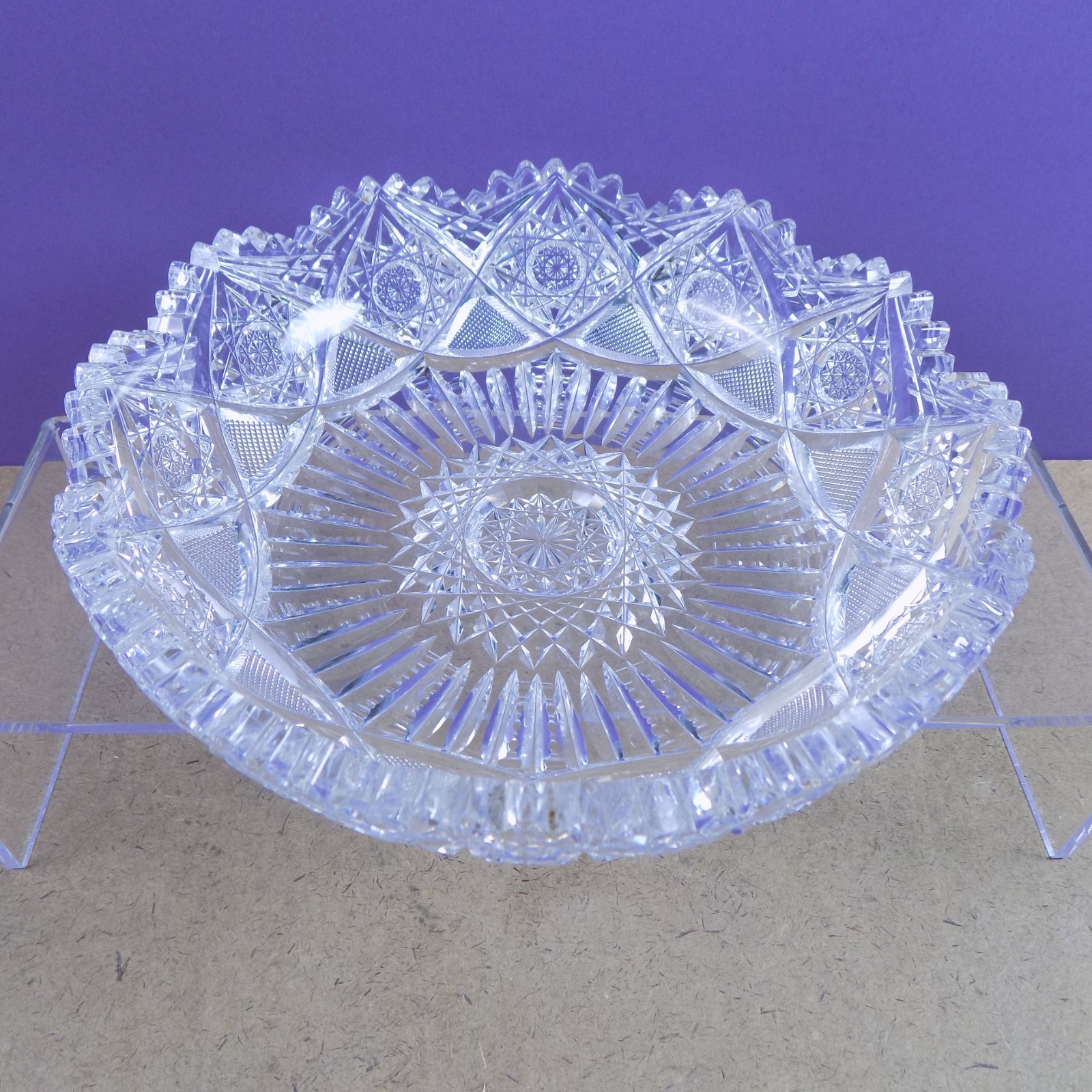Antique American Brilliant Cut Glass Low Bowl 8″x2″ VGC Hobstar Sunburst
