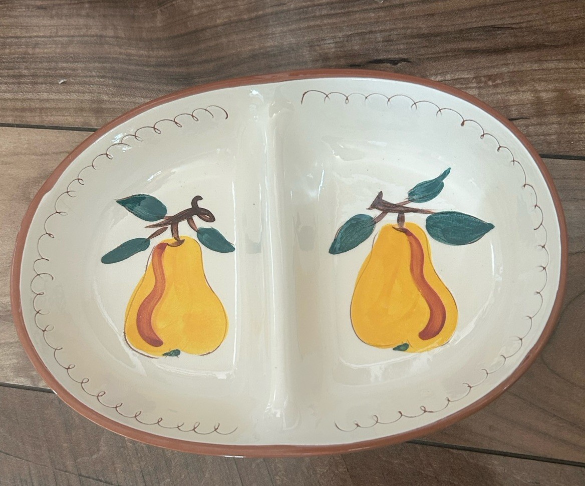 Stangl Hand Painted Ceramic Divided Dish Fruit Pattern 2 Compartments Oval