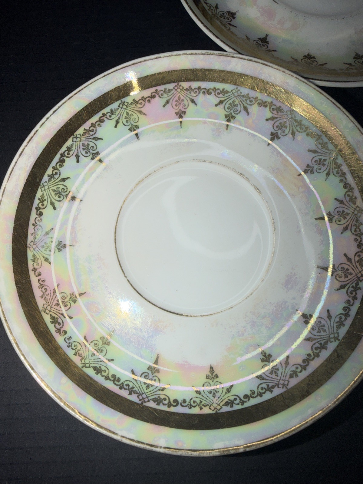 Vintage Bohemia Czech Lustreware Saucers Gold Trim Set Czechoslovakia