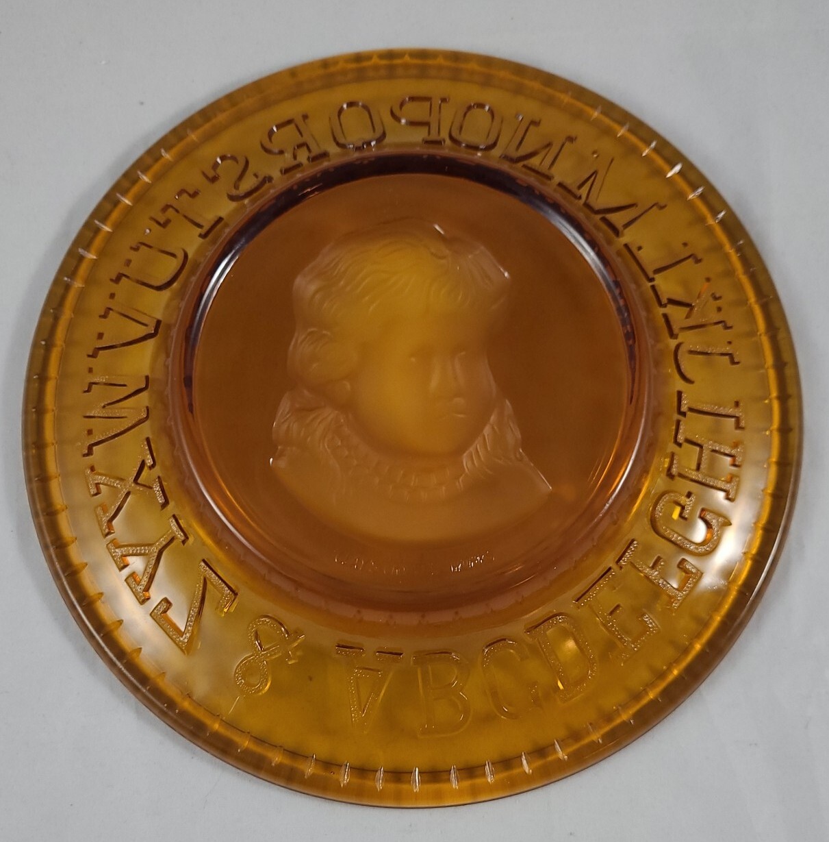 Antique Boy ABC Plate Emmas Homstead Glass Work Of Bryce Higbee & Co. #531 Amber