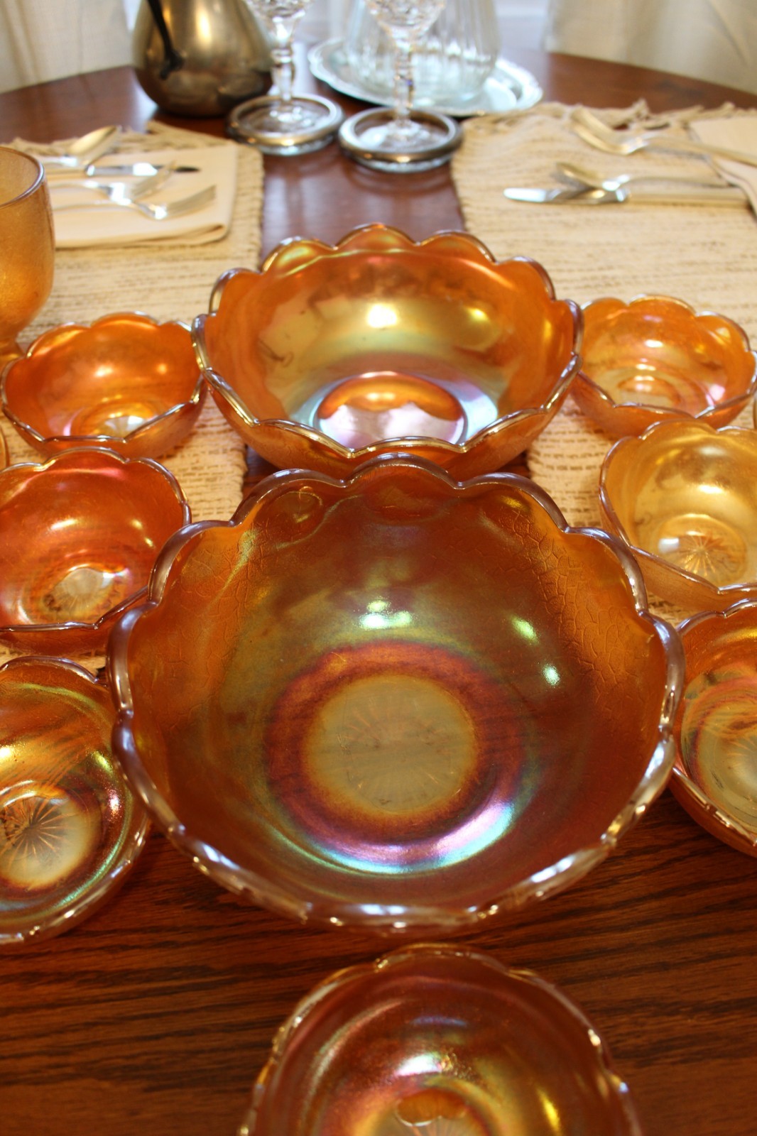 Jeannette Crackle Marigold Carnival Glass Lot Bowls Plates Goblet Candy Dish