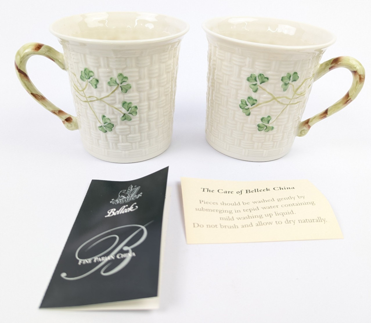 *LOT OF 2* Belleek Porcelain Irish Mugs White Green Shamrock Pattern Ireland
