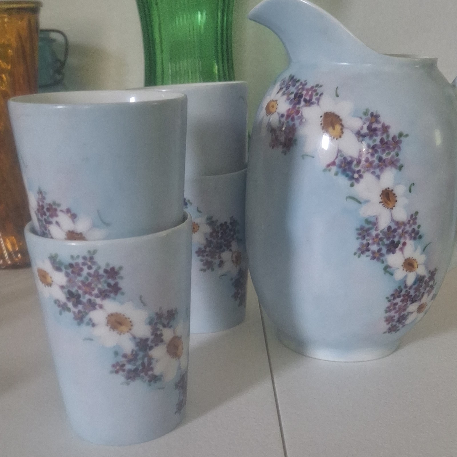 HTF Holiday Blue Floral Ceramic Pitcher w/ 4 Tumblers 5pc Set Made in Germany