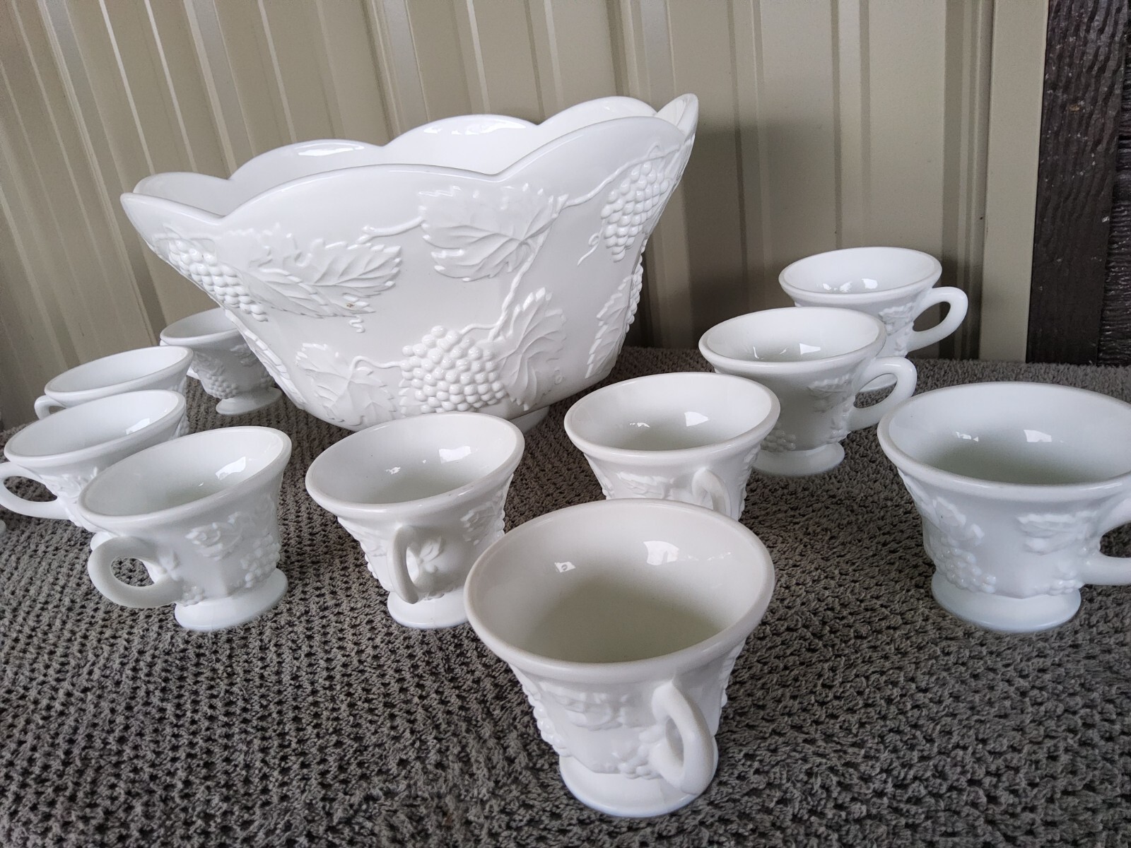Vintage- COLONY Harvest Milk Glass Punch Bowl And Cup Set
