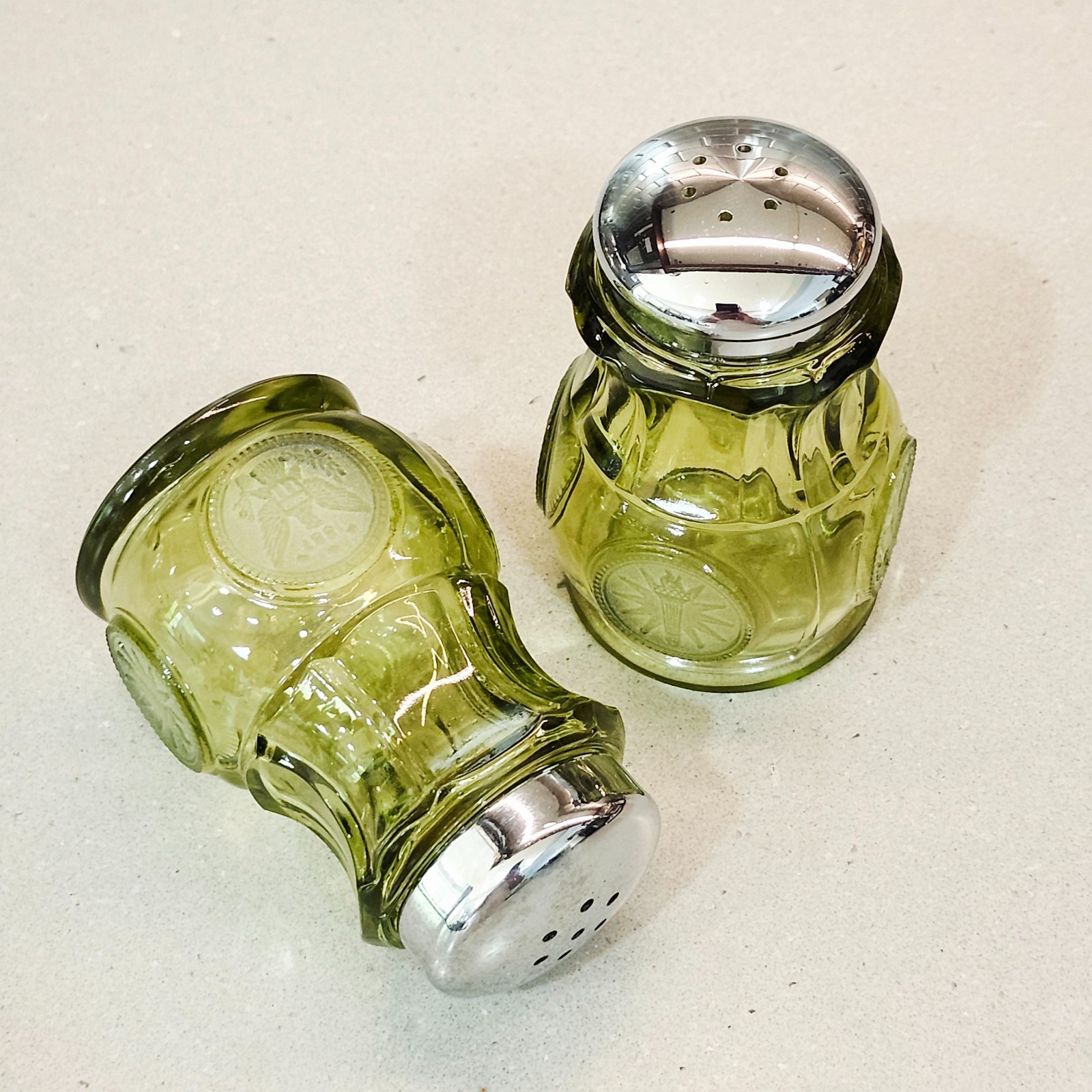 Vintage Fostoria Olive Green Glass Coin 3” Tall Salt & Pepper Shakers