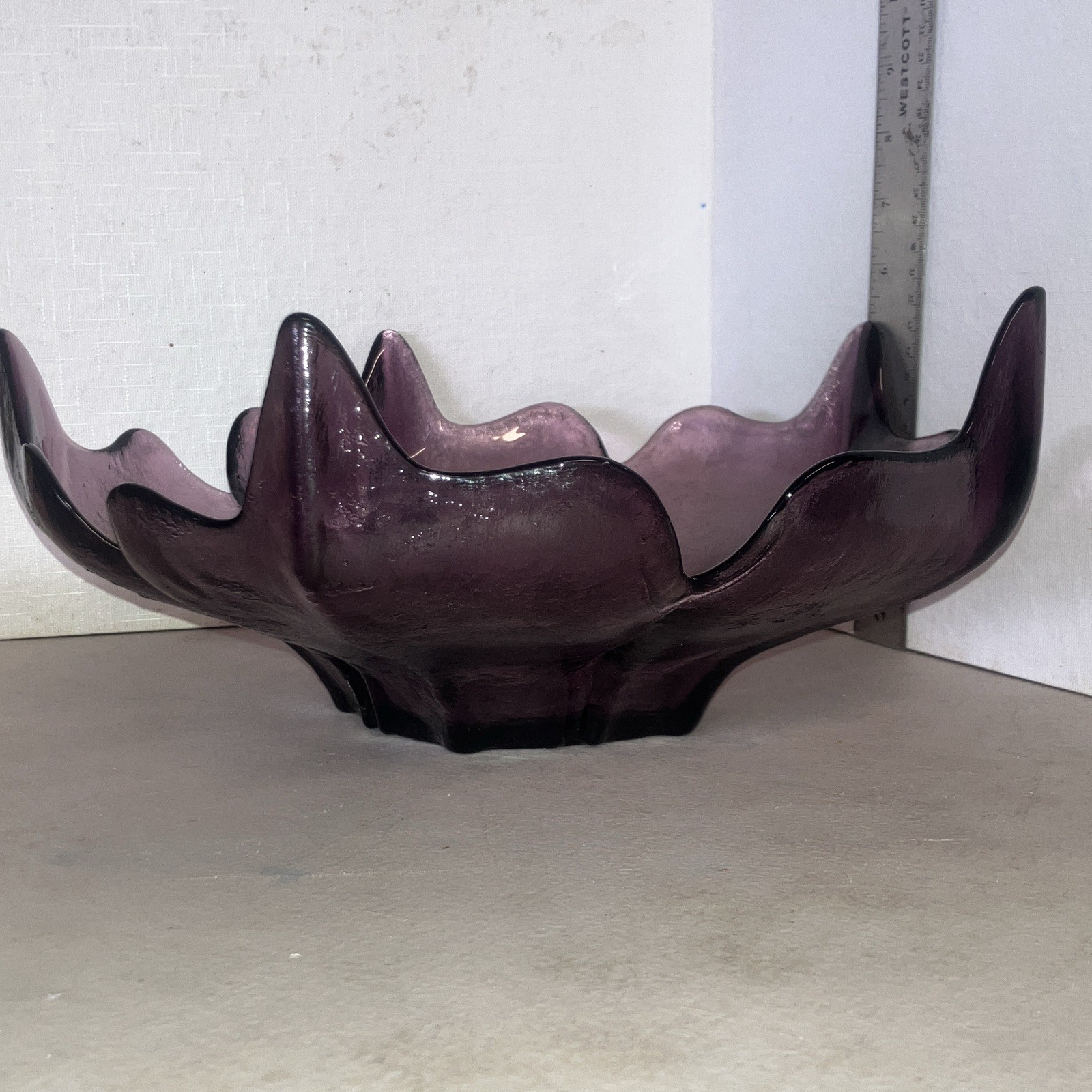 Purple Amethyst Art Glass Ruffled Flower Floral Decorative Bowl, Glossy