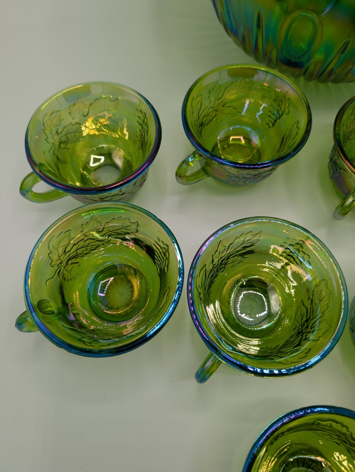 Vintage Indiana Carnival Glass Iridescent Green Punch Bowl Set With 12 Cups