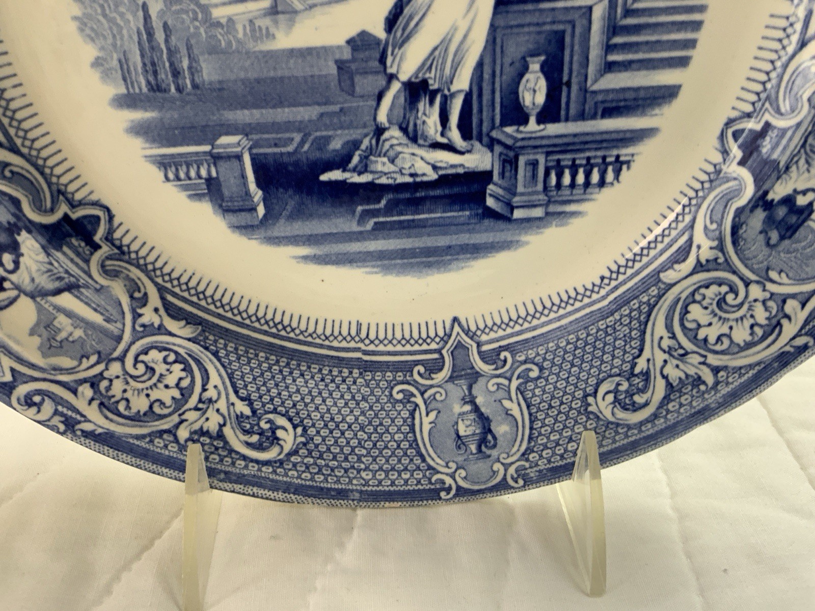 Antique Blue Transferware Dinner Plate, UK,, Grecian Lady & Castle, Davenport
